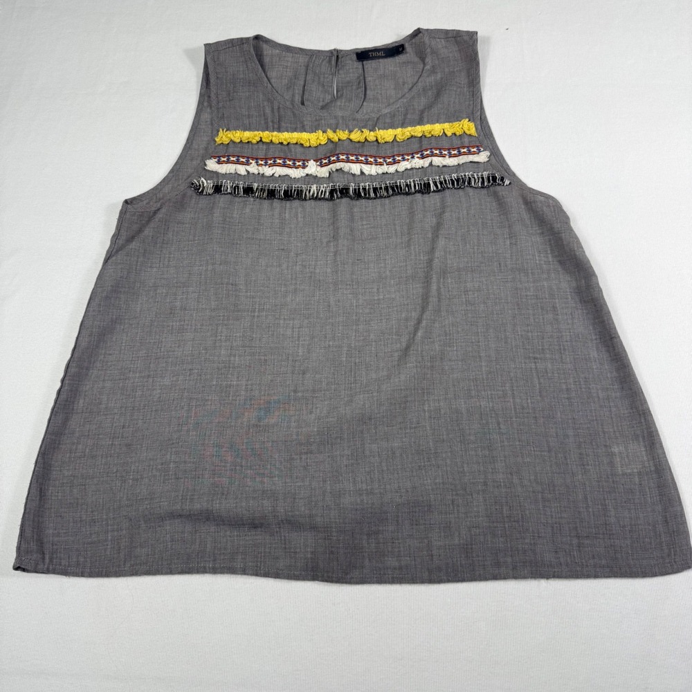 THML Boho Fringe Tank Top Medium Grey Sleeveless Pom Pom Embroidered Trim